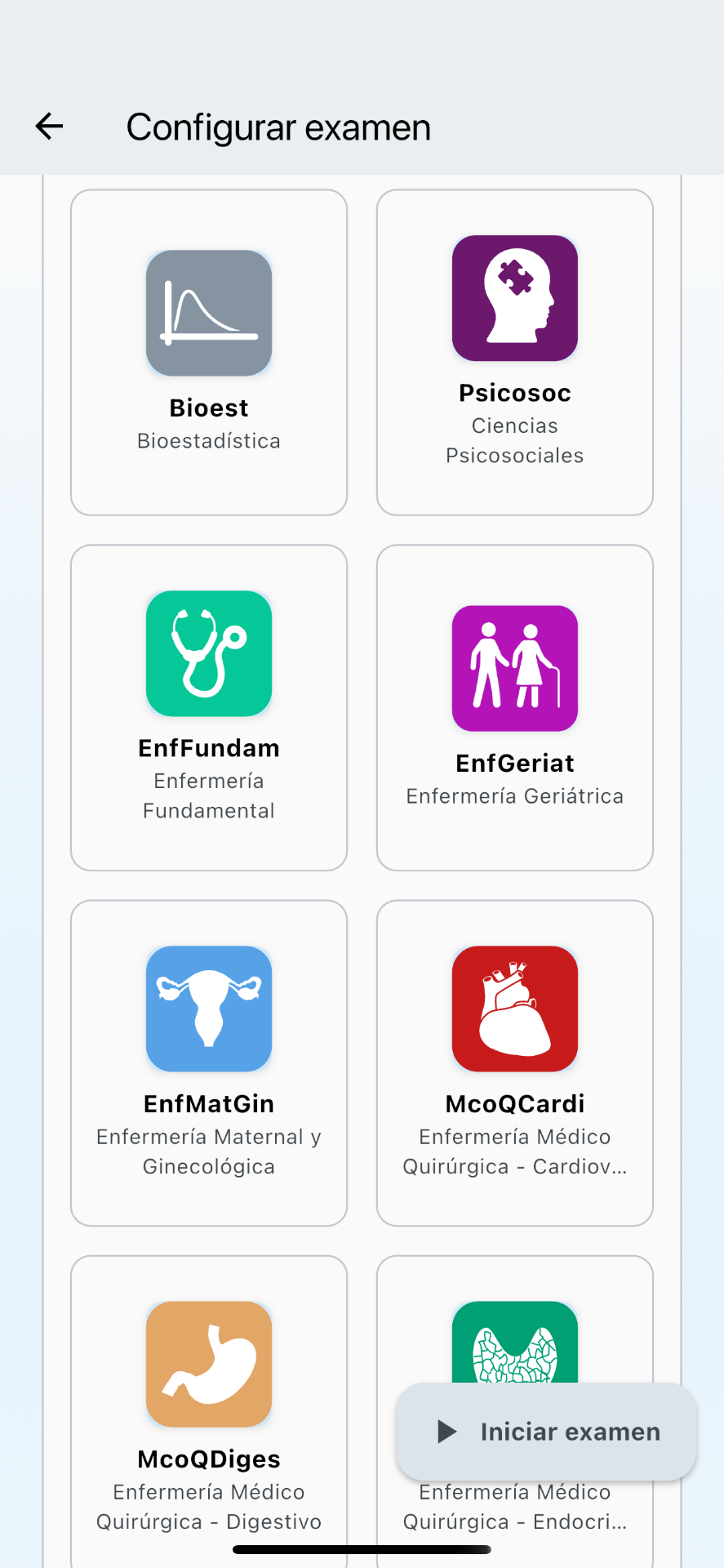 Pantalla real de EirMeApp con materias de enfermería para configurar un examen.